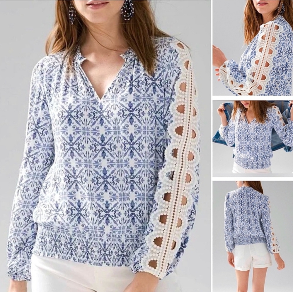 WHBM V-Neck Blue and White Patterned Blouse With Cut-Out Detail on Sleeves - XXS